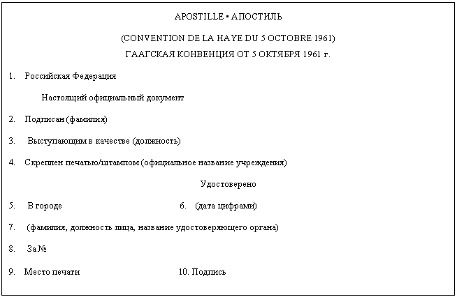 Подпись: APOSTILLE • АПОСТИЛЬ
(CONVENTION DE LA HAYE DU 5 OCTOBRE 1961) 
ГААГСКАЯ КОНВЕНЦИЯ ОТ 5 ОКТЯБРЯ 1961 г.
1.    Российская Федерация 
Настоящий официальный документ
2.    Подписан (фамилия)
3.     Выступающим в качестве (должность)
4.    Скреплен печатью/штампом (официальное название учреждения)
Удостоверено
5.     В городе                                             6.    (дата цифрами)
7.     (фамилия, должность лица, название удостоверяющего органа)
8.     За №
9.    Место печати                                      10. Подпись
